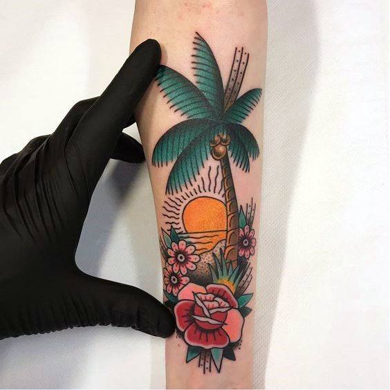 Rising Sun Beach And Tree American Traditional Tattoo For Women