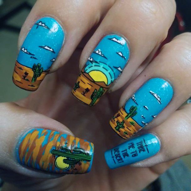 Rising Sun Mountain Peak Art Nails Cactus Blue Women