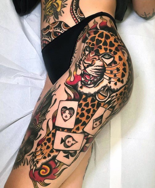 Roaring Cheetah And Cards Traditional Tattoo Womens Thighs