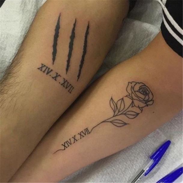 Roman Theme Rose Couple Tattoo Forearms
