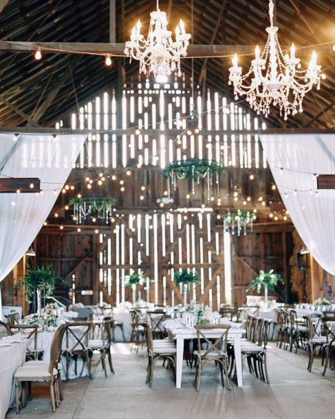 Romantic Barn Reception With Crystal Chandeliers And Fairy Lights Country Wedding Ideas