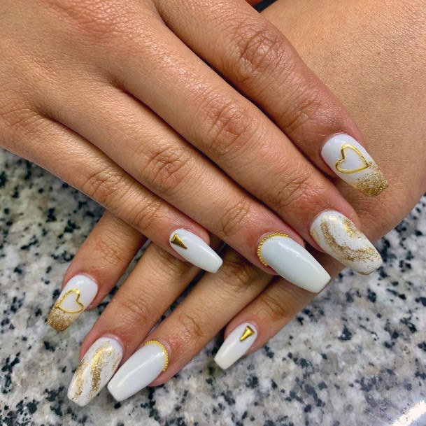 Romantic Golden Hearts On White Nails