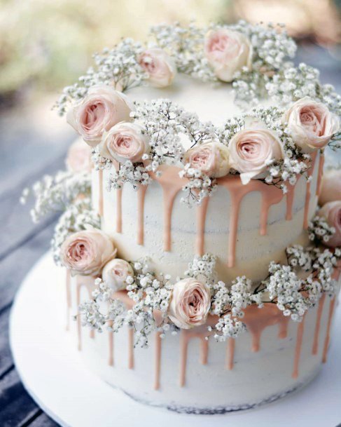 Romantic Pink Roses And Babies Breath Wedding Cake Ideas