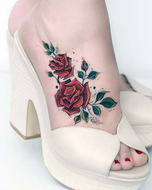 Romantic Red Roses Tattoo Womens Foot