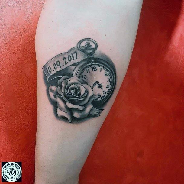 Rose And Clock Tattoo Womens Calves