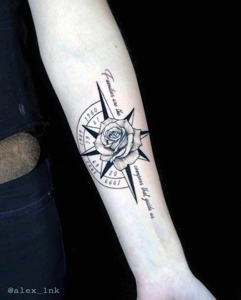 Rose And Compass Tattoo Womens Forearms