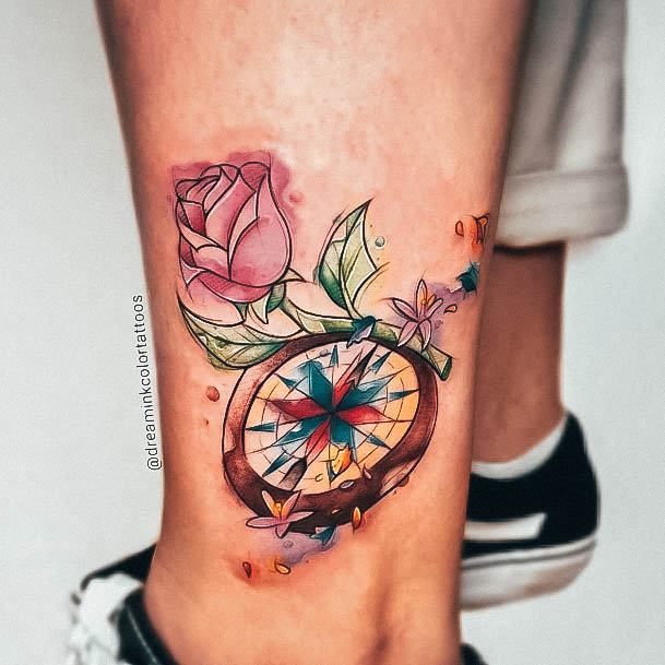 Rose And Compass Watercolor Ankle Nice Beauty And The Beast Tattoos For Women