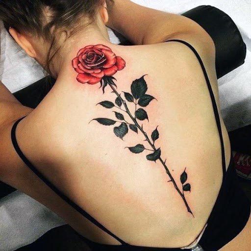 Rose And Leaves Tattoo Womens Back