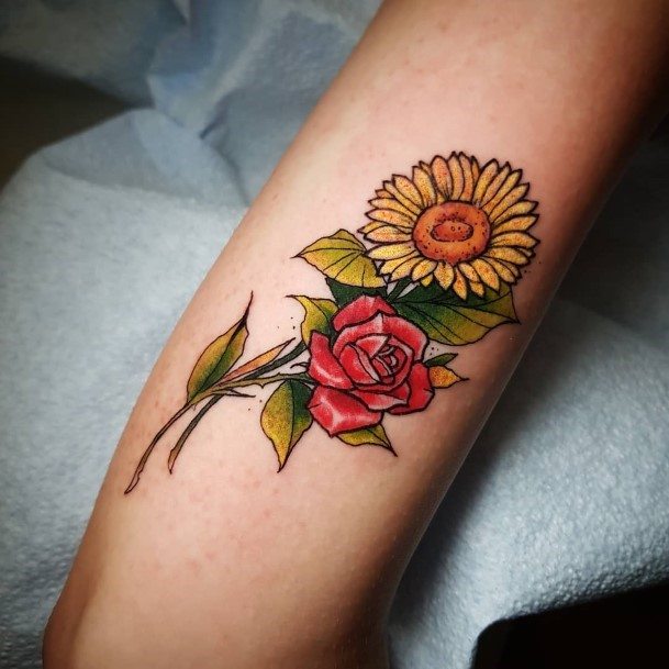 Rose And Sunflower Tattoo Womens Forearms