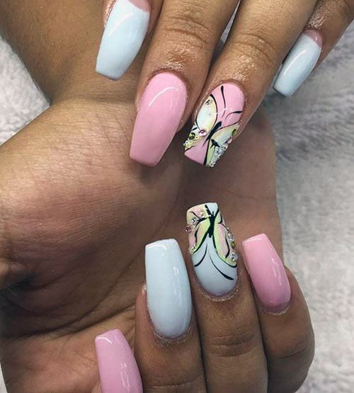 Rose And White Butterfly Nail Design For Women