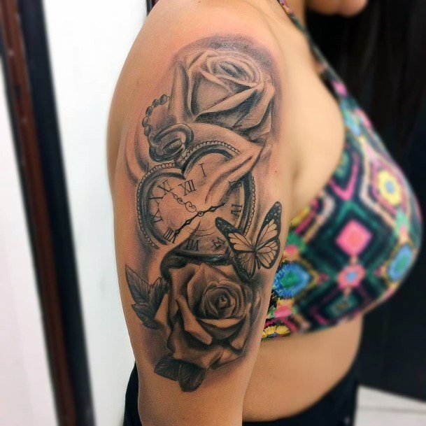 Rose Butterfly And Clock Tattoo For Women