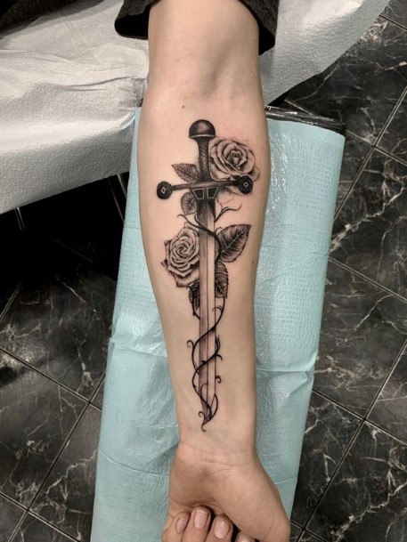 Rose Creepers And Cross Tattoo Womens Forearms
