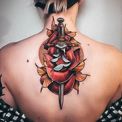 Rose Flower Dagger Womens Cool Neo Traditional Tattoo Ideas