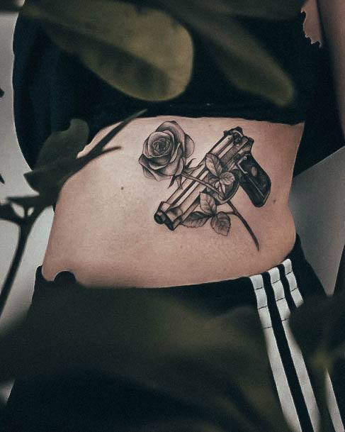 Rose Flower Ribs Gun Females Gun Tattoo