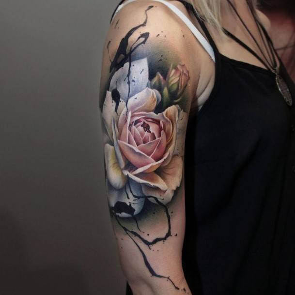 Rose Flower With Cracks Tattoo Women Arms