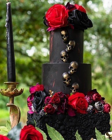 Rose Gold Skulls And Roses Halloween Wedding Cakes