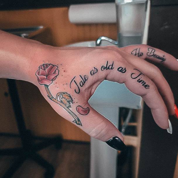 Rose Hand Tale As Old As Time Stunning Girls Beauty And The Beast Tattoos