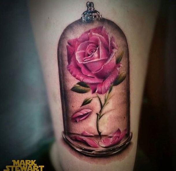 Rose In Glass Thigh Womens Beauty And The Beastly Beauty And The Beast Tattoo Ideas