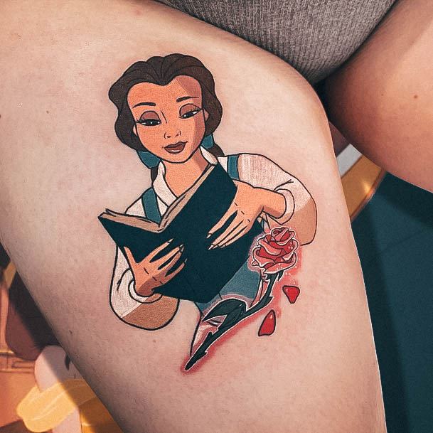 Rose Pedals Belle Book Thigh Tattoo Ideas Womens Beauty And The Beast Design