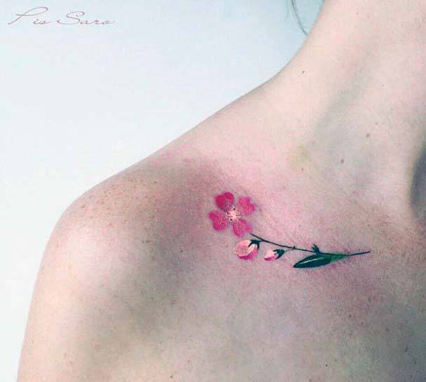 Rose Pink Floral Tattoo Womens Collarbone