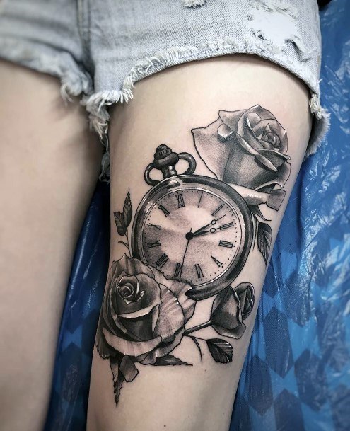 Roses And Clock Tattoo Womens Thighs