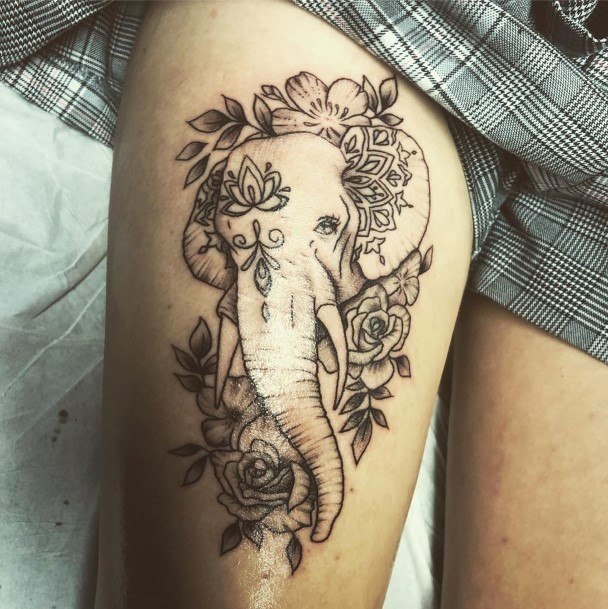 Roses And Elephant Tattoo Womens Thighs