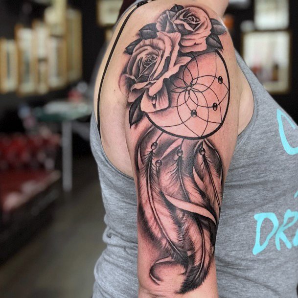 Roses And Feather Womens Dream Catcher Tattoo On Arms