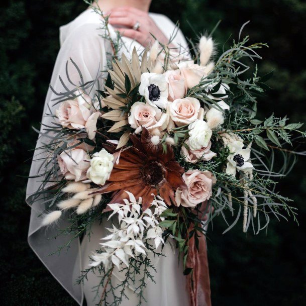 Roses And Green Boho Wedding Flowers Bouquet