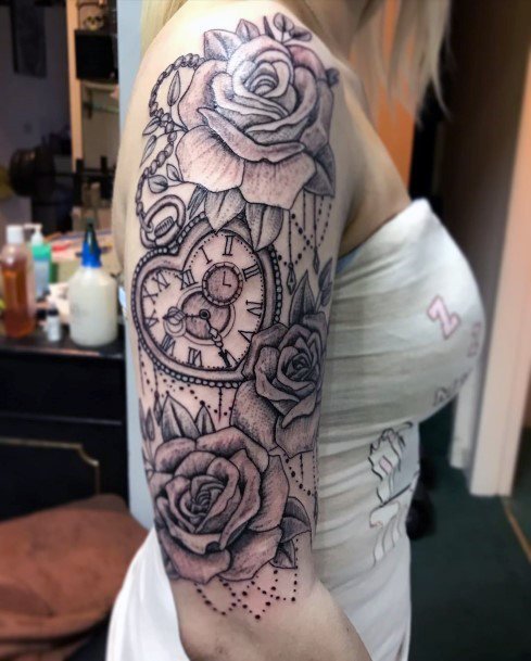 Roses And Heart Clock Tattoo For Women Art