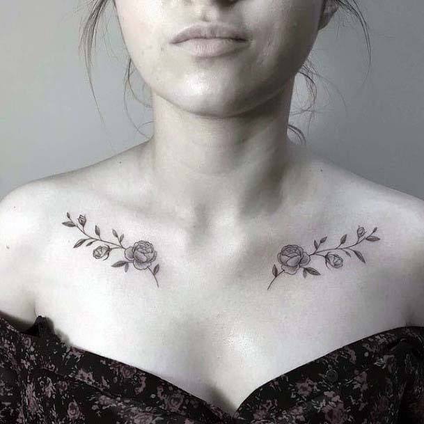 Roses And Leaves Tattoo Womens Collarbone