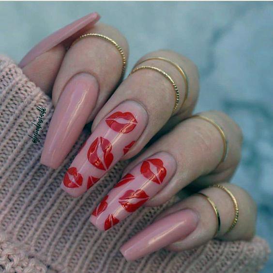 Rosy Red Lips Coral Romantic Nails Women