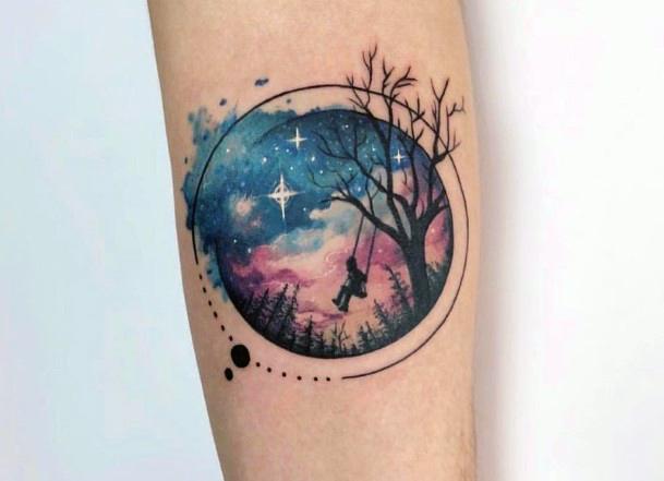 Round Blue Shaded Tree Tattoo Women