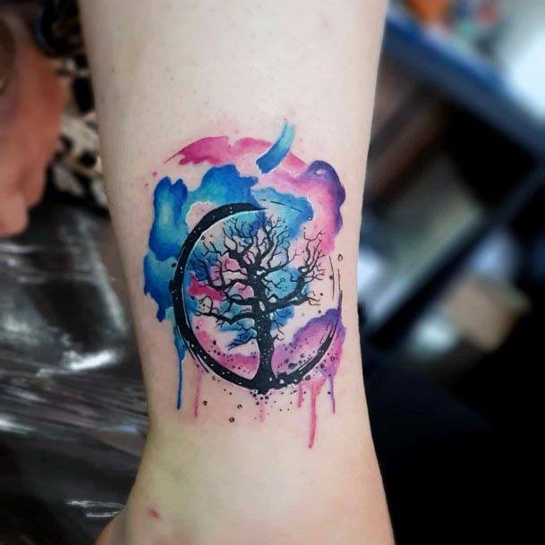 Round Tree Of Life Watercolor Tattoo Womens Wrist