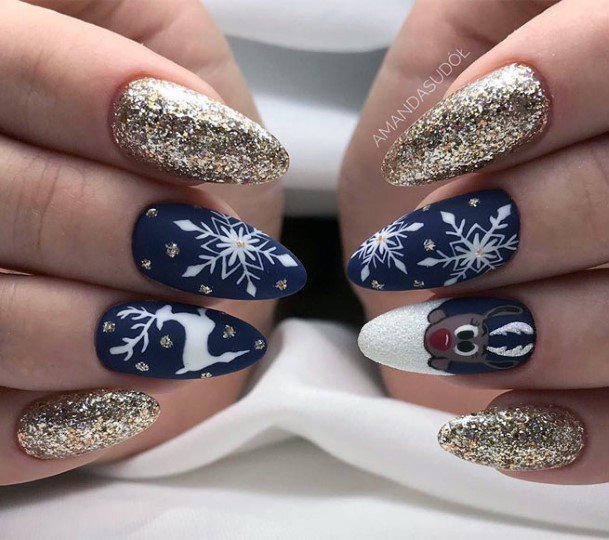 Royal Blue And Glitters Snow Nails With Baby Reindeer For Women