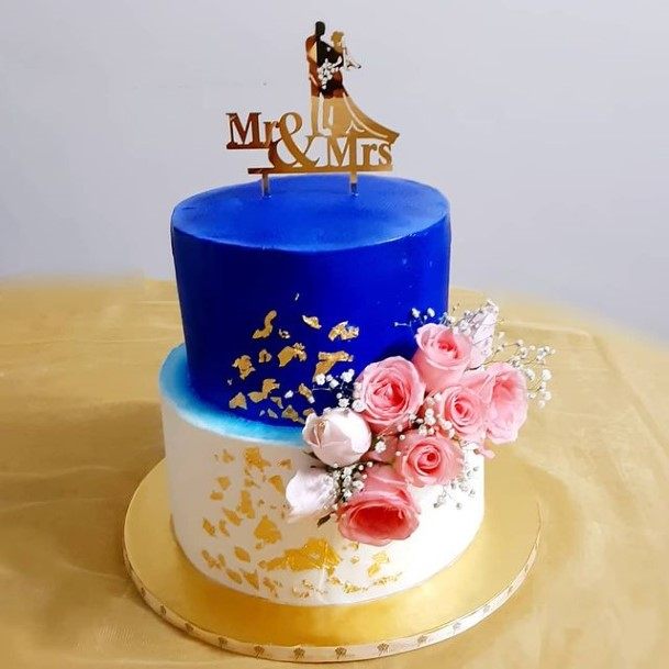 Royal Blue And White 2 Tier Wedding Cake