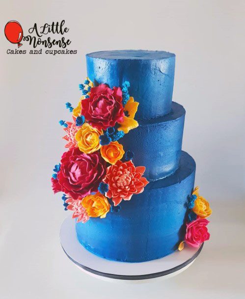 Royal Blue Cake With Bright Flaming Flower Art Wedding Decorations