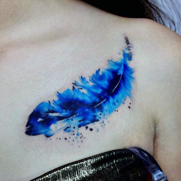Royal Blue Feather Tattoo For Women