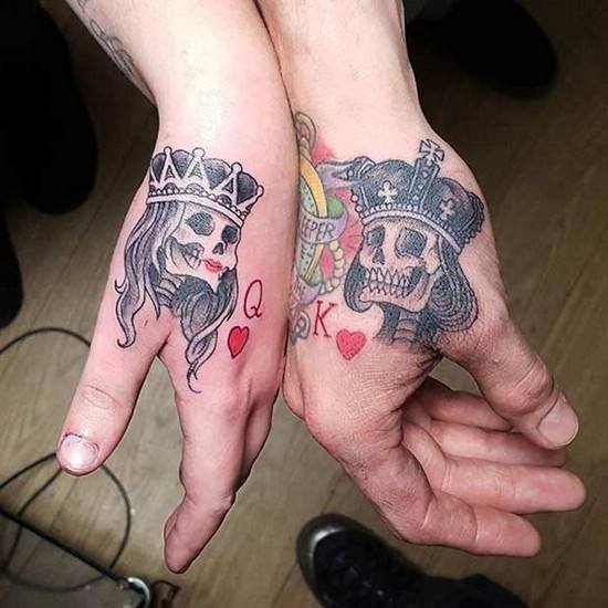 Royal Crowned Skull Tattoo Couples Hands