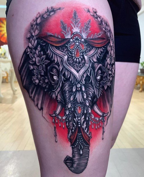 Royal Elephant With Red Tones Tattoo Womens Thighs