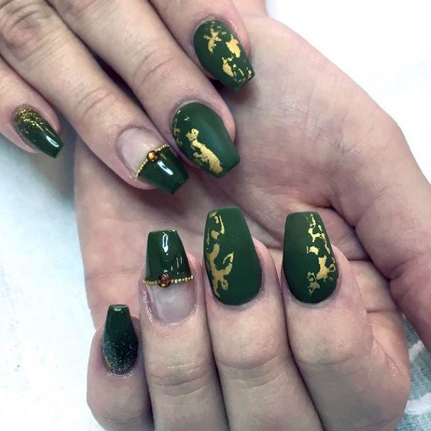 Royal Green Matte Nails With Golden Art Women