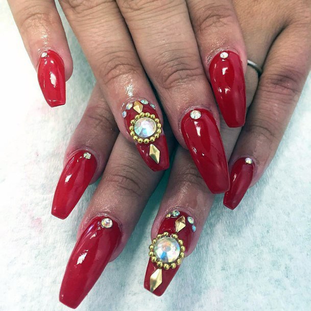 Royal Jewelled Art On Red Nails Women