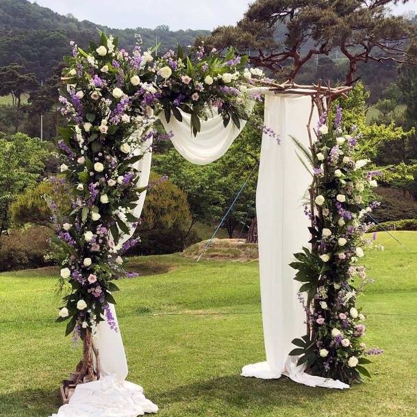 Royal Purple Flowers And White Drapery Inspiration Wedding Arch Ideas