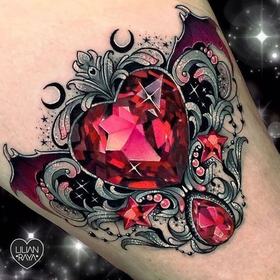 Royal Red Heart Gemmed Tattoo With Carvings Tattoo Womend Forearms