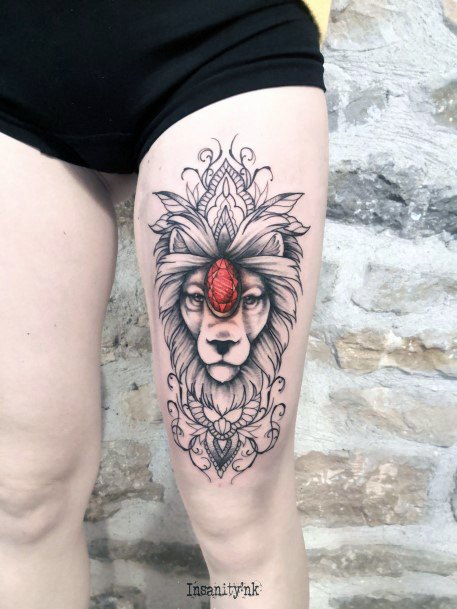 Royal Ruby Laden Lion Tattoo For Women On Thigh