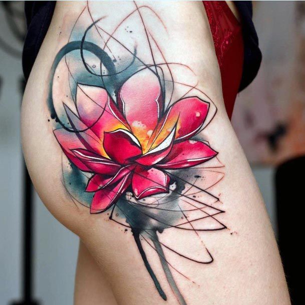 Ruby Glowing Water Color Flower Tattoo Womens Thigh