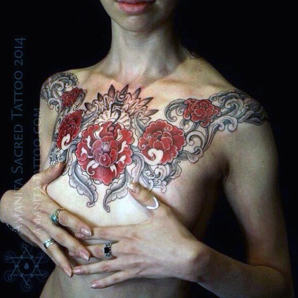 Ruby Red Floral Tattoo Womens Chest