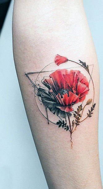 Ruby Red Flower And Geometric Tattoo Women