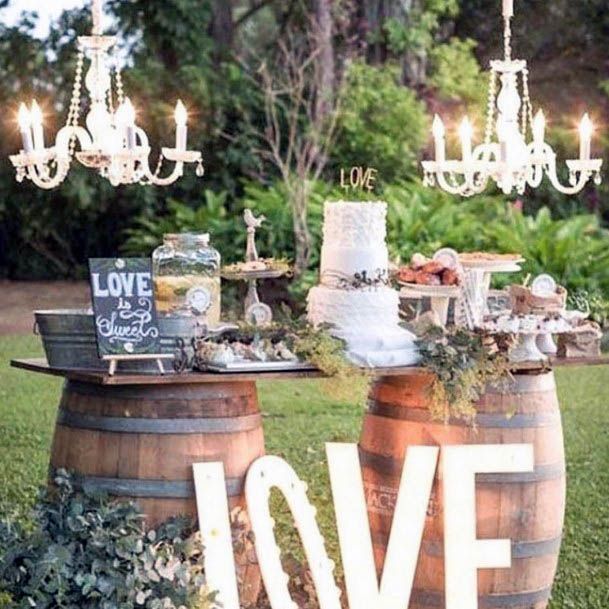 Rustic Barrel Delicious Wedding Cake Desert Table Ideas