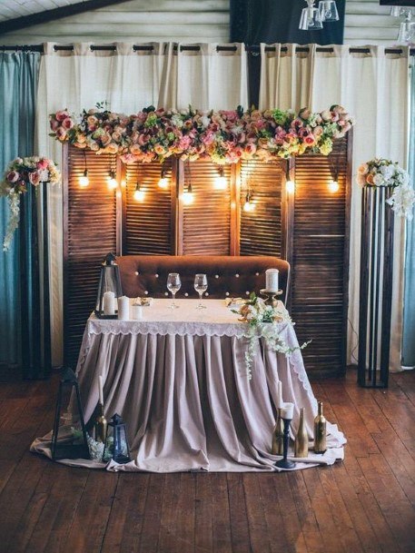 Rustic Bride And Groom Floral Hanging Light Wedding Backdrop Ideas