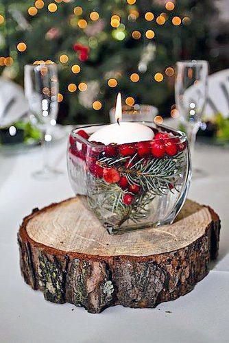 Rustic Christmas Inspired Floating Candle With Cranberries Wedding Centerpiece Ideas